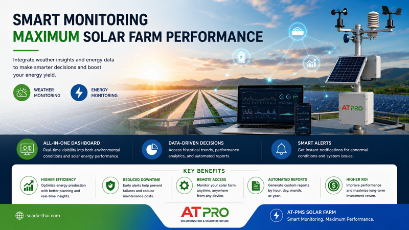 Smart solar farm management solution featuring weather monitoring sensors, energy production analytics, centralized SCADA software, and real-time dashboards for higher energy yield, predictive maintenance, and operational optimization.