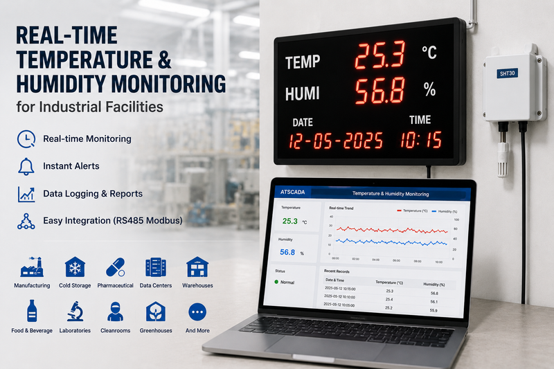 Real-time temperature and humidity monitoring system with industrial LED display, RS485 Modbus sensor, and ATSCADA software dashboard