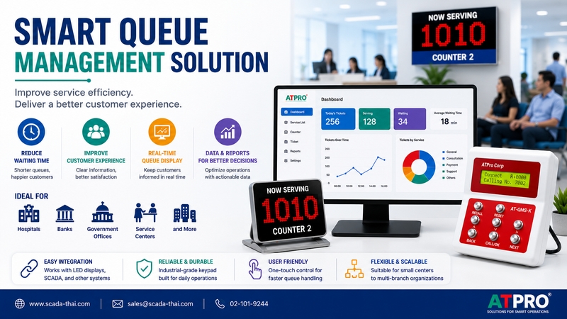 Smart Queue Management System with AT-QMS software, industrial call keypad, LED queue display, and real-time dashboard for improving customer flow and service efficiency.