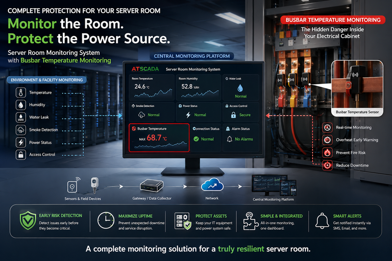 Server room monitoring and busbar temperature monitoring system with centralized SCADA