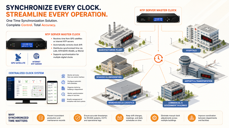 Network time synchronization architecture using GPS, NTP Server, and digital clocks Facility-wide synchronized clock