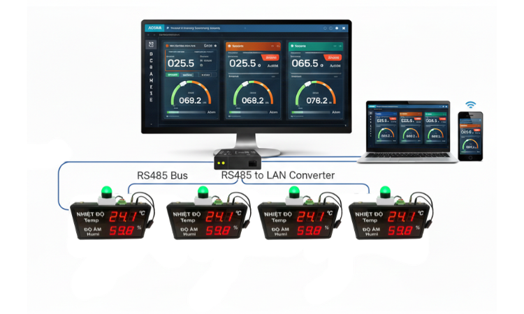 Diagram showing RS485 to LAN Converter connecting multiple devices with digital displays.