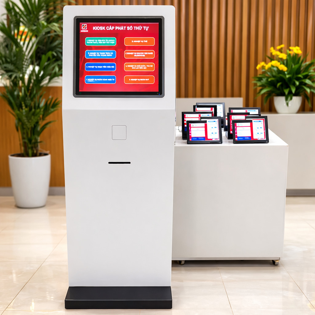 Digital kiosk with a screen displaying multiple options in an indoor setting with plants and a desk.