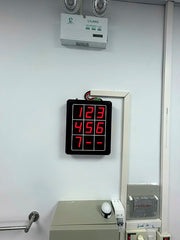 Digital display with red LED numbers on a white wall.