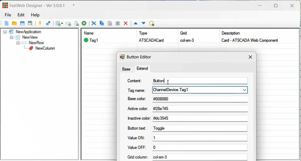 Software interface with 'Button Editor' dialog box open, showing settings for a button component.