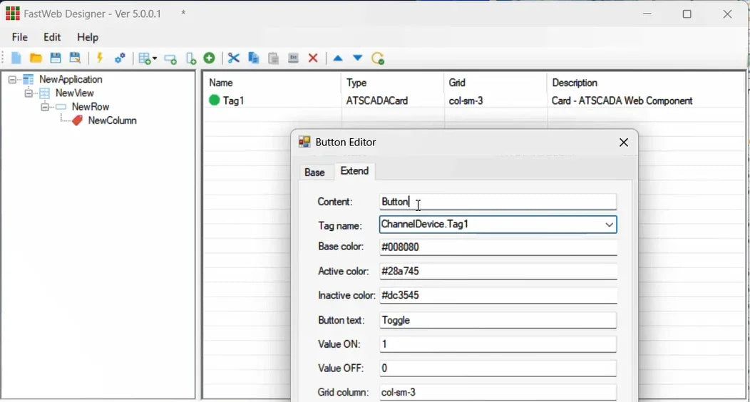 Software interface with 'Button Editor' dialog box open, showing settings for a button component.