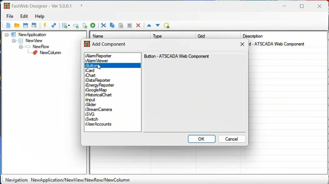 Software interface with component selection dialog box on a computer screen