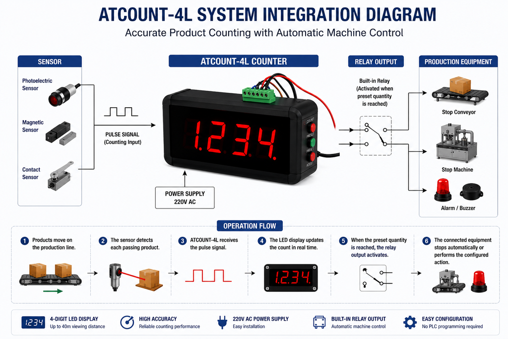 System integration diagram for ATCOUNT-4L product counting system with digital display and wiring.