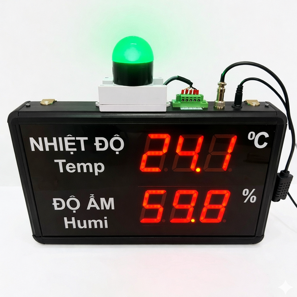 Digital temperature and humidity meter with green light on a white background