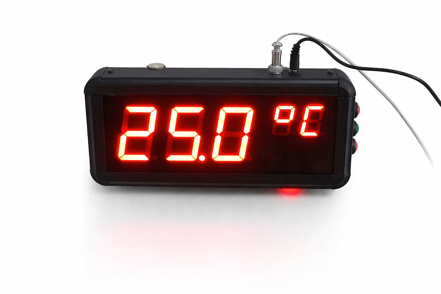 Digital thermometer with red LED display on a white background
