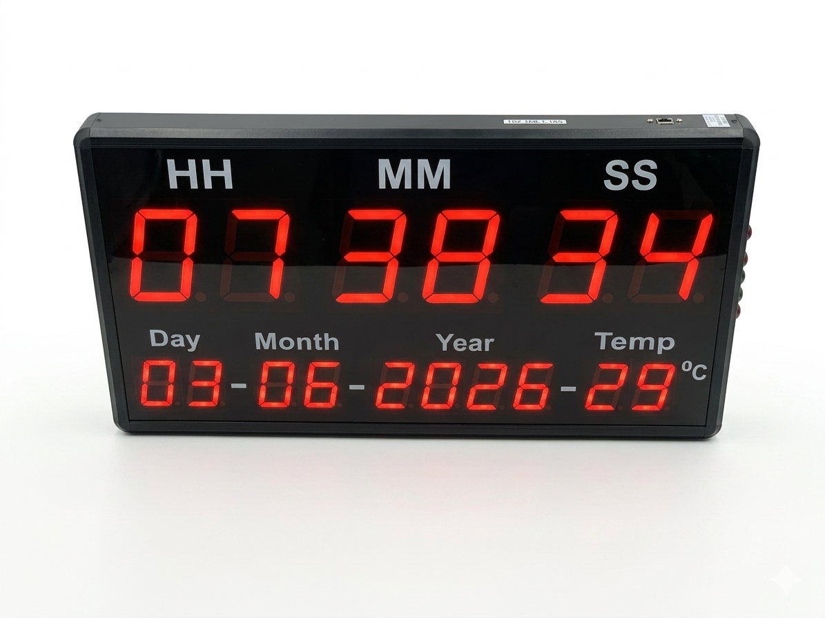Digital clock with red LED display on a white background