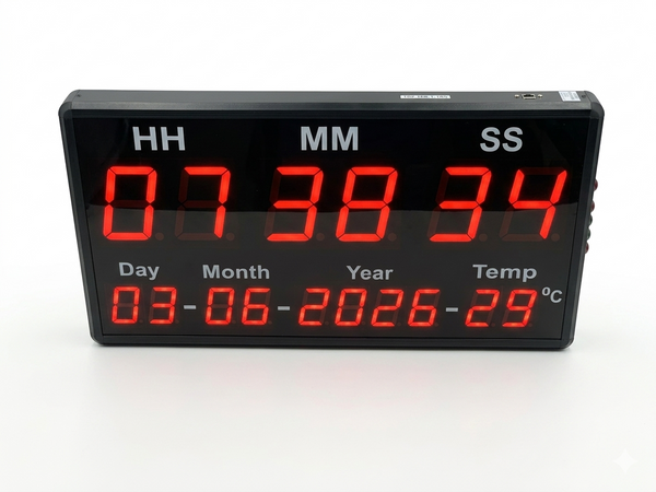 Digital clock with red LED display on a white background