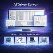 ATDriver Server software interface displayed on a computer monitor with multiple data windows, configuration panels, and charts; below are icons labeled Drivers, MQTT & OPC UA, Server, and Data Collection on a futuristic blue-purple tech background