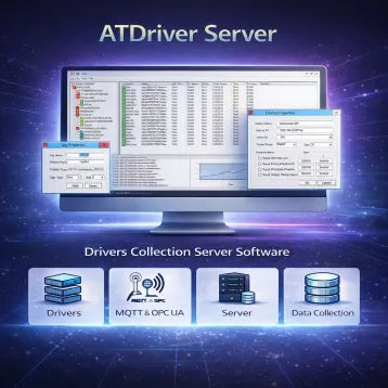 ATDriver Server software interface displayed on a computer monitor with multiple data windows, configuration panels, and charts; below are icons labeled Drivers, MQTT & OPC UA, Server, and Data Collection on a futuristic blue-purple tech background