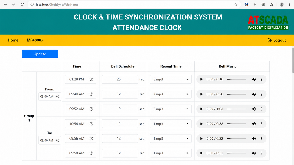 Attendance clock system interface with time scheduling and ATSCADA branding.