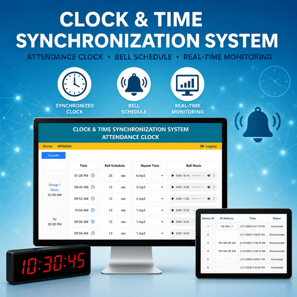 Clock & Time Synchronization System with computer monitor, digital clock, and tablet on a blue background