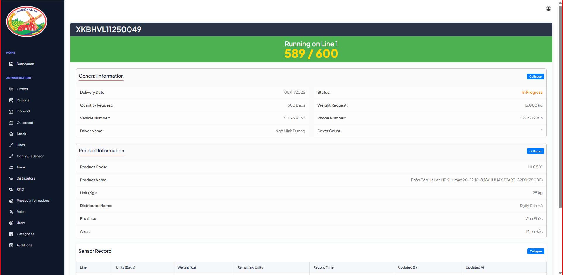 Software interface with product information and a progress bar on a white background