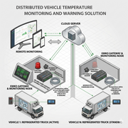 A workflow diagram for a real-time IoT refrigerated truck temperature monitoring solution. Sensors on vehicles transmit temperature data to an EMKO Gateway control cabinet, which then synchronizes the data to a Cloud Server. The data is displayed on remote monitoring devices like PCs, tablets, and mobile phones, enabling instant alerts