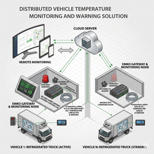 A workflow diagram for a real-time IoT refrigerated truck temperature monitoring solution. Sensors on vehicles transmit temperature data to an EMKO Gateway control cabinet, which then synchronizes the data to a Cloud Server. The data is displayed on remote monitoring devices like PCs, tablets, and mobile phones, enabling instant alerts