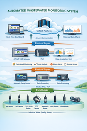Diagram of an Automated Wastewater Monitoring System with layers and components.