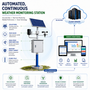 Diagram of an automated weather monitoring station with solar panel, sensors, and cloud server.