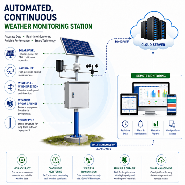 Diagram of an automated weather monitoring station with solar panel, sensors, and cloud server.
