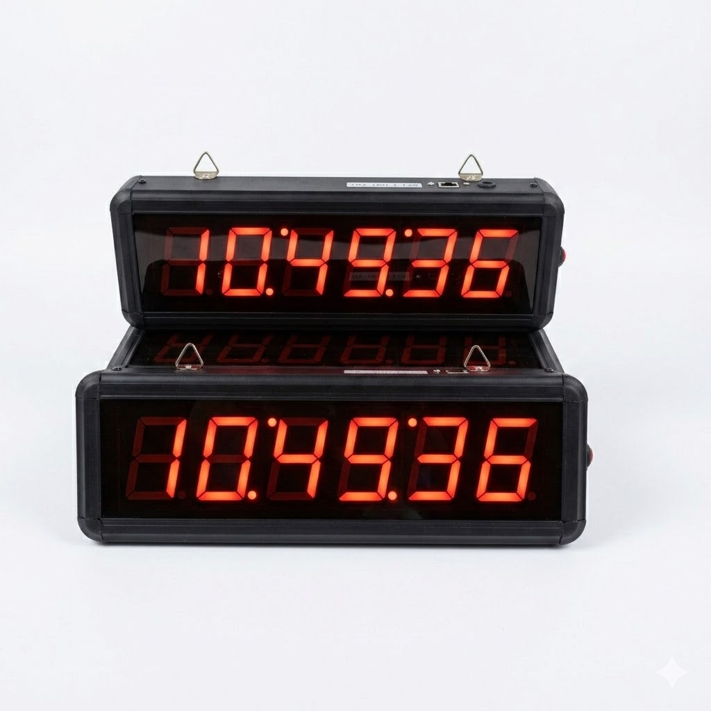 Digital clock with red LED display on a white background