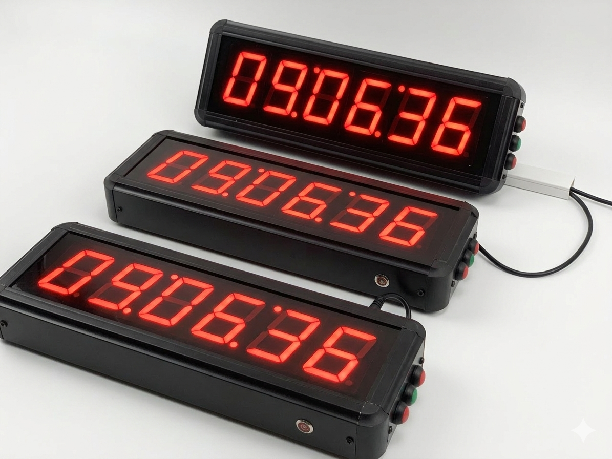 Three digital displays with red LED numbers on a white background