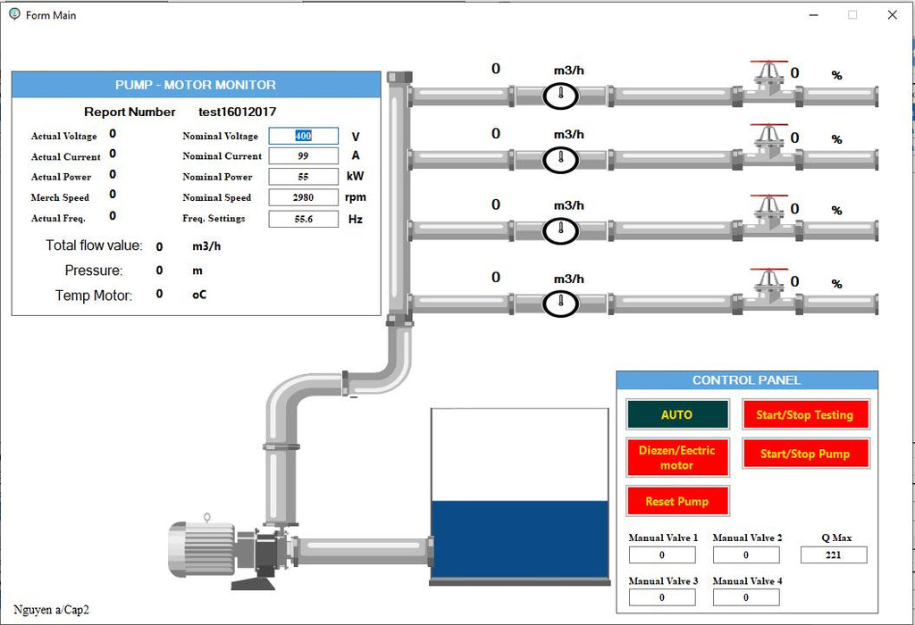 Pump and motor monitor system with control panel on a computer screen