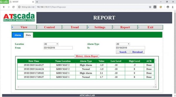 ATScada software interface displaying a report with alarm data.