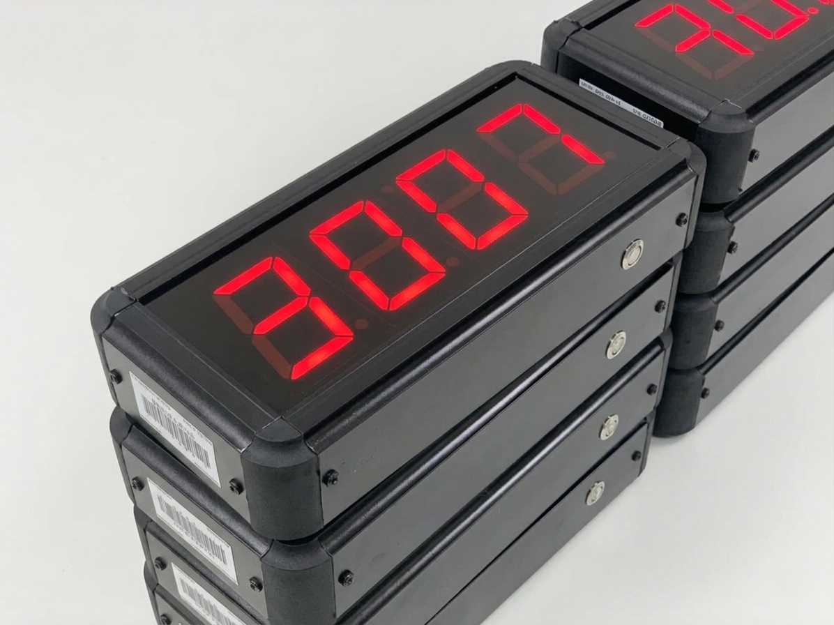 Stack of digital display modules with red LED numbers on a white background