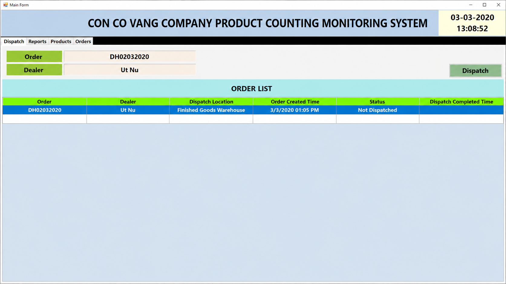 Screen capture of a product counting monitoring system interface with a focus on an order list.