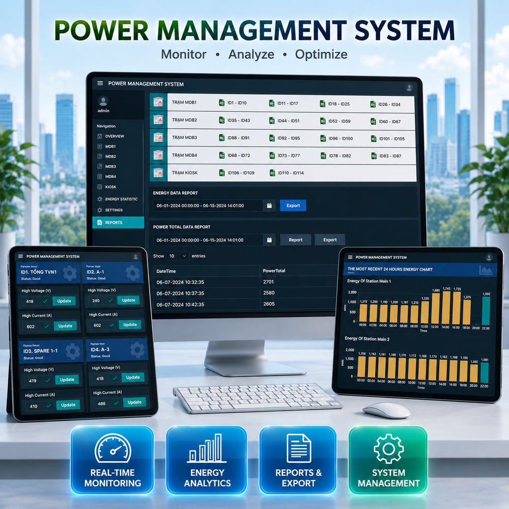 Power management system software on computer monitors with a cityscape background
