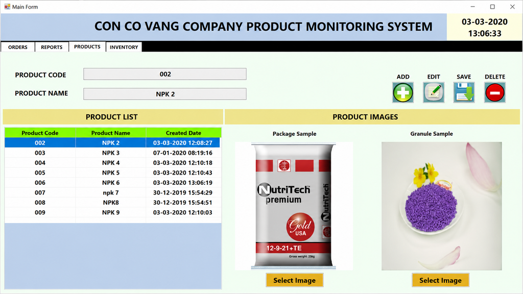 Software interface for a product monitoring system with product details and images displayed.