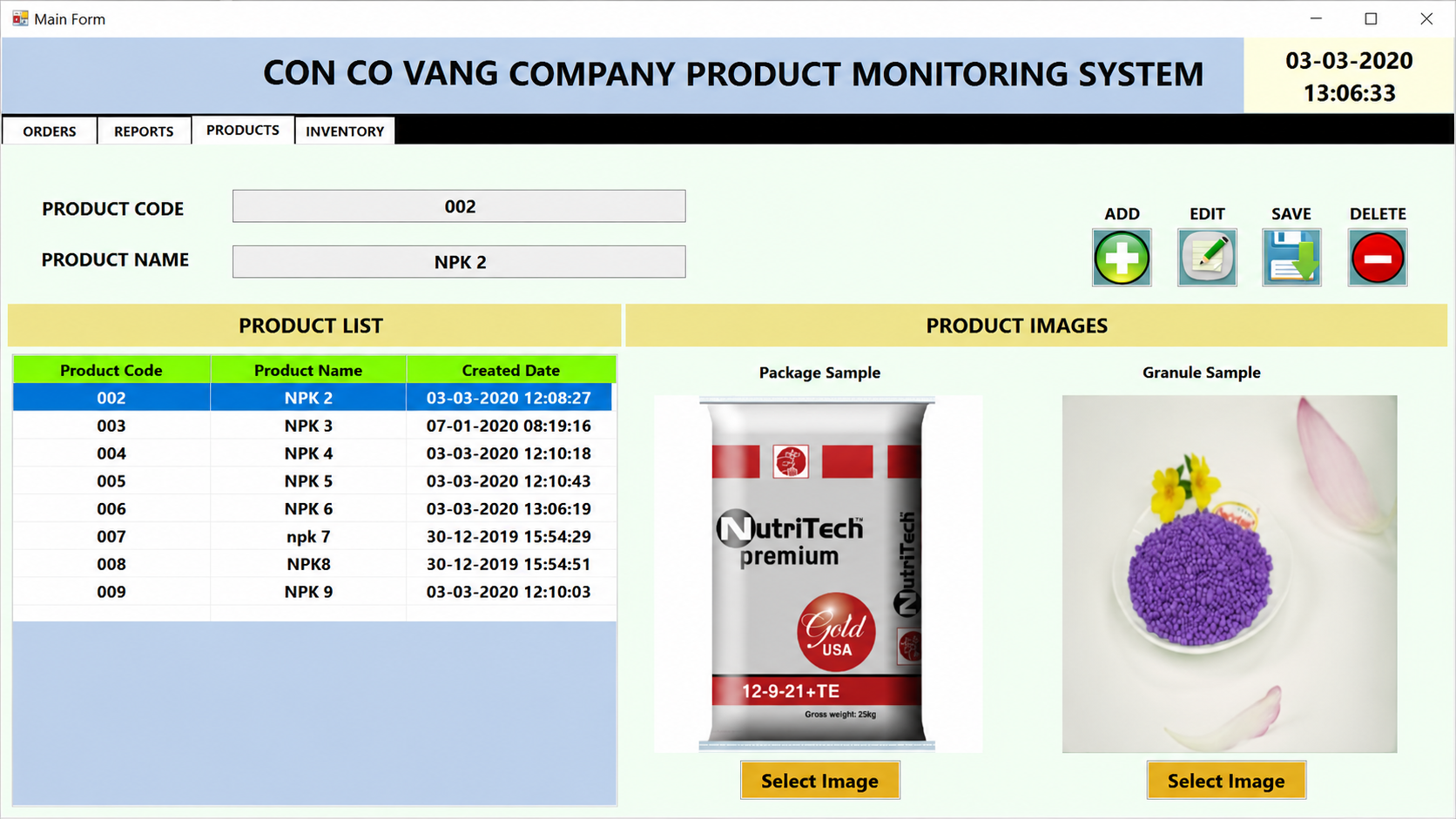 Software interface for a product monitoring system with product details and images displayed.
