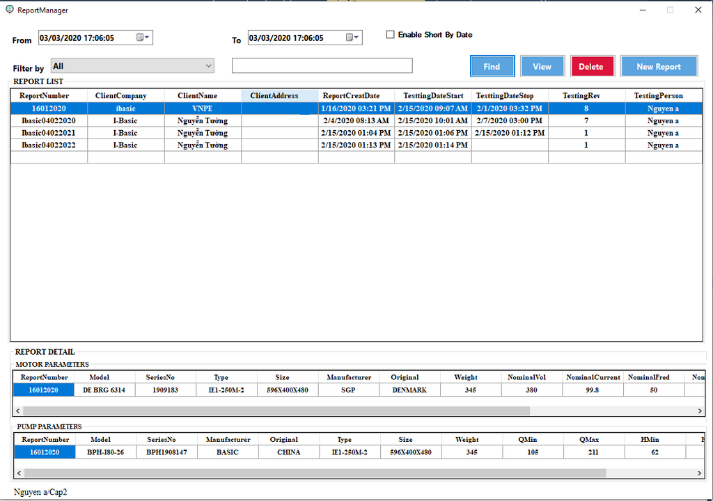Software interface displaying a report with client information, testing details, and parameter values.