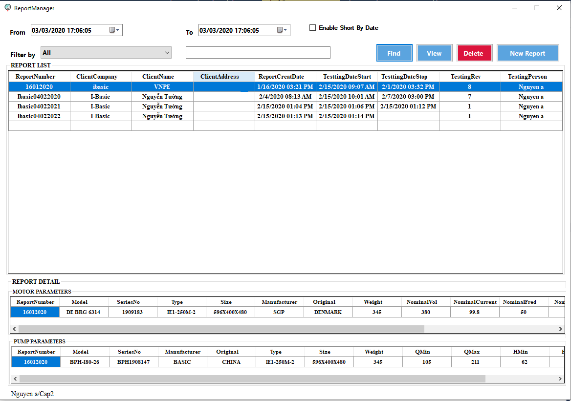 Software interface displaying a report with client information, testing details, and parameter values.