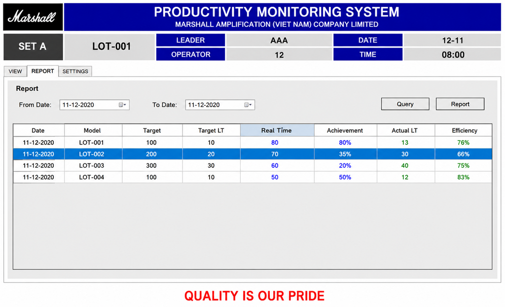 Productivity monitoring system interface with data on a screen