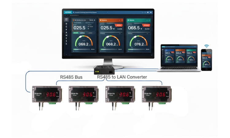 Diagram showing RS485 bus connectivity with devices and a monitor displaying data.