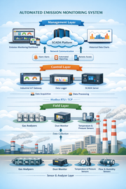 Diagram of an Automated Emission Monitoring System with layers and components.