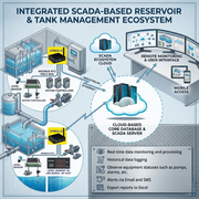 SCADA-based reservoir and tank management ecosystem diagram showing sensors, controllers, Modbus RTU, ATBOX-II, and cloud monitoring