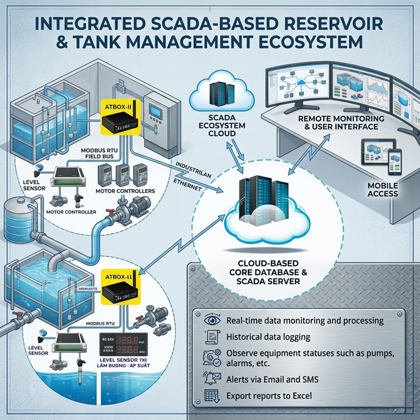 SCADA-based reservoir and tank management ecosystem diagram showing sensors, controllers, Modbus RTU, ATBOX-II, and cloud monitoring