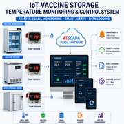 Promotional infographic for the ATSCADA IoT Vaccine Storage Temperature Monitoring & Control System, showing a desktop monitor, smartphone, and tablet displaying temperature readings alongside labeled vaccine refrigerator, vaccine freezer, and cold storage room units.