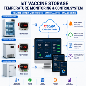 Promotional infographic for the ATSCADA IoT Vaccine Storage Temperature Monitoring & Control System, showing a desktop monitor, smartphone, and tablet displaying temperature readings alongside labeled vaccine refrigerator, vaccine freezer, and cold storage room units.