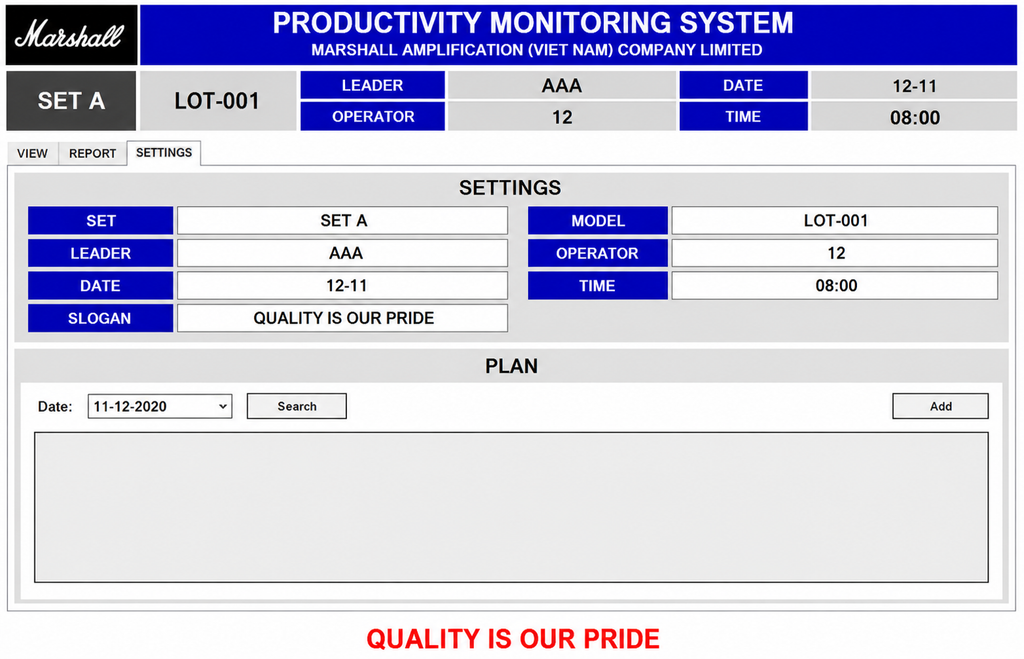 Productivity monitoring system interface with Marshall branding and 'Quality is our pride' slogan.