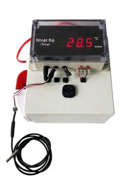 Temperature control device with digital display and wiring on a white background