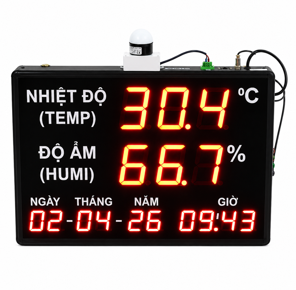 Digital temperature and humidity monitor with LED display on a white background