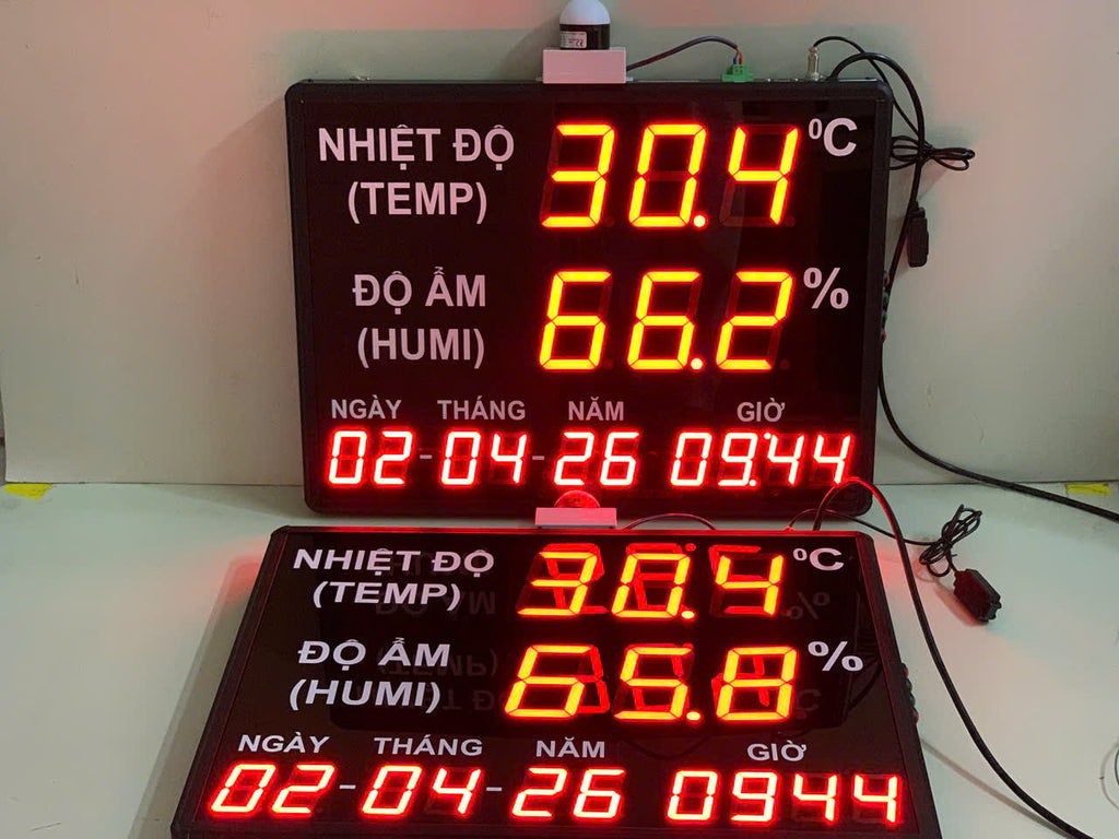 Digital temperature and humidity display with LED indicators on a white surface.