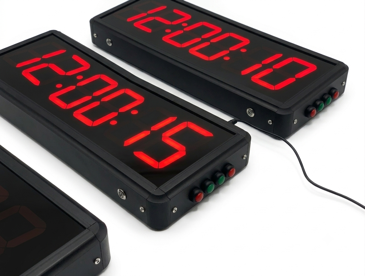 Three digital clocks with red LED display on a white background