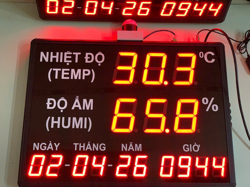 Digital temperature and humidity meter with LED display on a white background